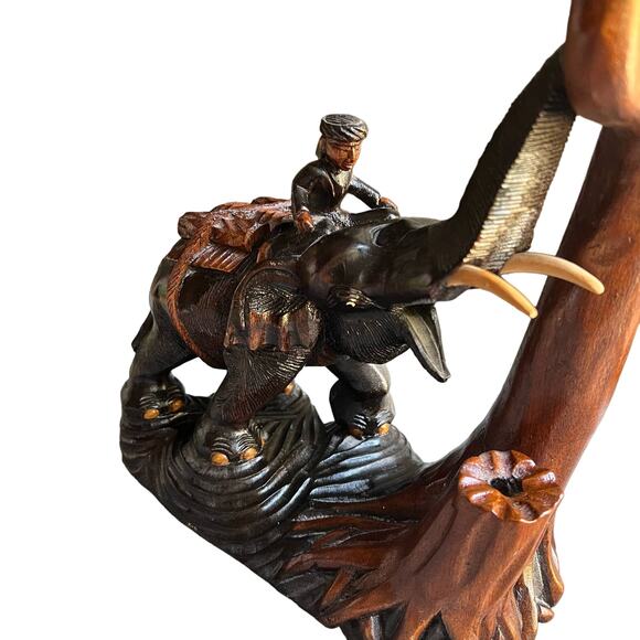 Large Wooden Elephant Staue Sculpture Vintage hand carved Carving trunk up - Picture 2 of 12